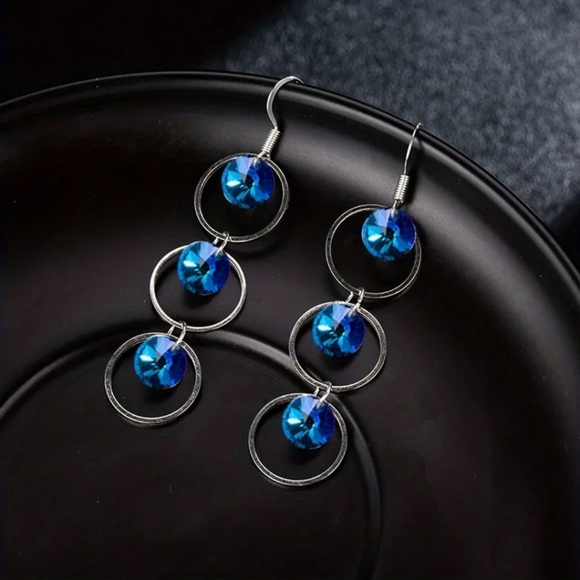 Y2K Retro Ethnic Style Hollow Circle With Blue Disc Dangle Earrings. - Picture 5 of 6